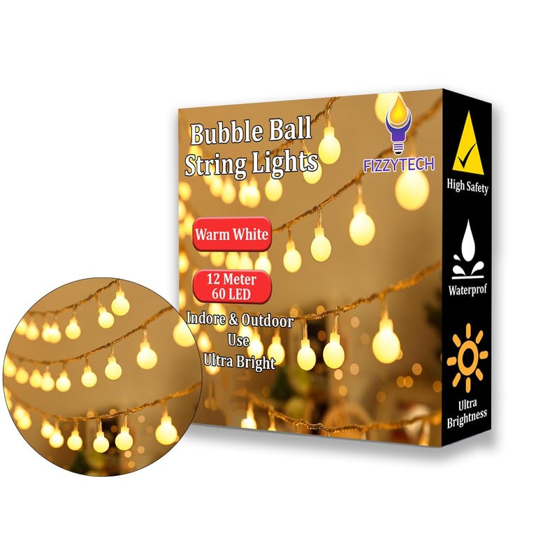 fizzytech 60 Led Bubble Ball String LED Fairy Lights for Home and Outdoor 12 m Warm White Plastic - Image 1