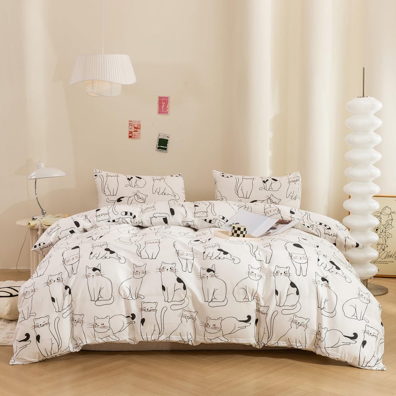 ECOCOTT Duvet Cover King Size 3 Pcs Cartoon Cats Animal Print Pattern Duvet Cover Set Super Soft Comforter Quilt Cover with Zipper Closure 4 Ties