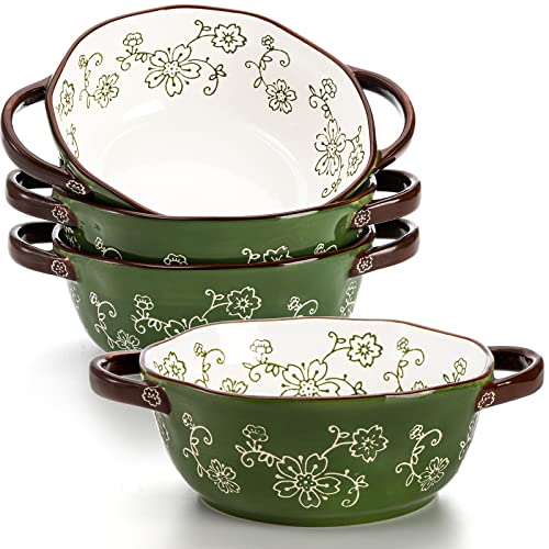 AVLA 4 Pack Ceramic Soup Bowls 22 Ounces Porcelain Serving Bowl Set with Double Handle Large Ceramic Crocks for French Onion Soup Stew Pasta Cereal Pot Pies Green