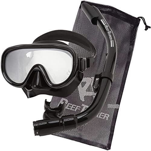 Reef Tourer Adult Single-Window Mask & Snorkel Combo Set, Semi-Dry Top, Purge Valve, Wide View Tempered Glass Lens, Snorkeling Gear for Ages 10+ w/Reusable Mesh Bag, Black/Black, RC0105 - Image 1