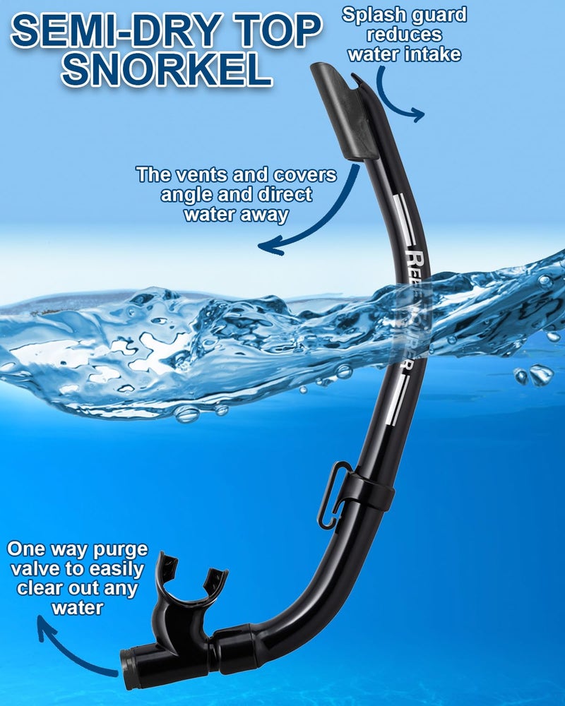 Reef Tourer Adult Single-Window Mask & Snorkel Combo Set, Semi-Dry Top, Purge Valve, Wide View Tempered Glass Lens, Snorkeling Gear for Ages 10+ w/Reusable Mesh Bag, Black/Black, RC0105 - Image 4