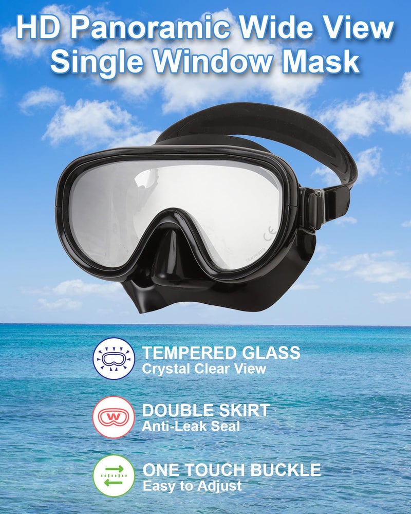 Reef Tourer Adult Single-Window Mask & Snorkel Combo Set, Semi-Dry Top, Purge Valve, Wide View Tempered Glass Lens, Snorkeling Gear for Ages 10+ w/Reusable Mesh Bag, Black/Black, RC0105 - Image 3