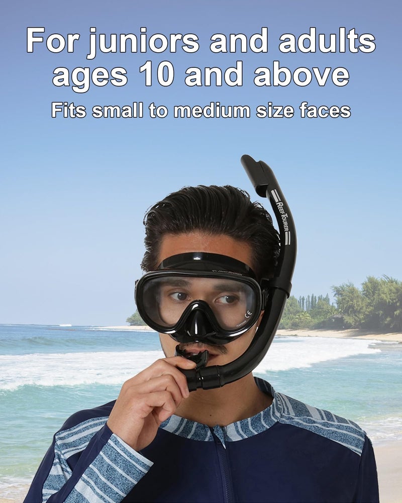 Reef Tourer Adult Single-Window Mask & Snorkel Combo Set, Semi-Dry Top, Purge Valve, Wide View Tempered Glass Lens, Snorkeling Gear for Ages 10+ w/Reusable Mesh Bag, Black/Black, RC0105 - Image 2