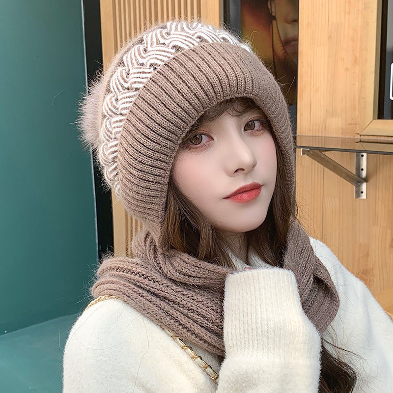 Womens Knit Beanie Winter Warm Fleece-Lined Scarf Hat Beige - Image 5