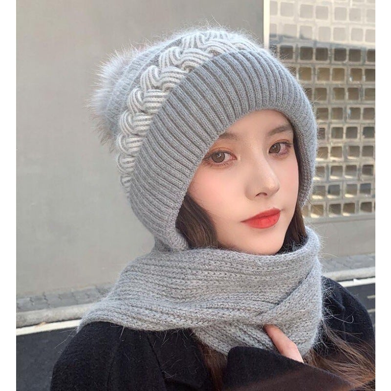 Womens Knit Beanie Winter Warm Fleece-Lined Scarf Hat Beige - Image 2