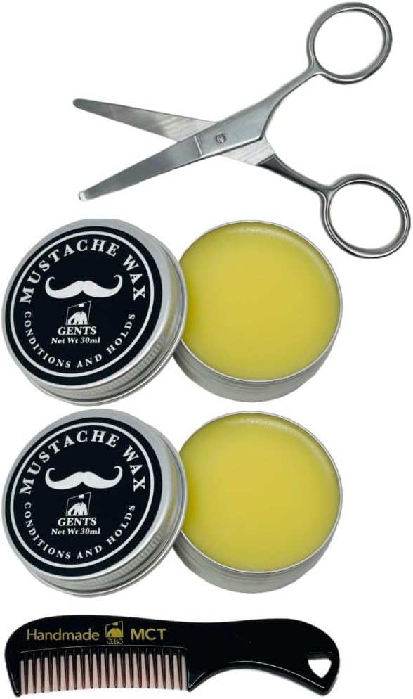 G.B.S GBS Mustache Wax Extra Strong Hold Fragrance Free Inlcudes Handmade Mustache Comb and trimming scissors 2 Pack