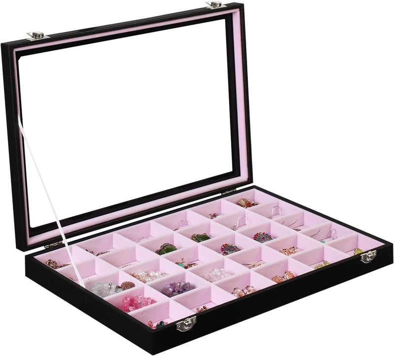 Stratalife Jewelry Organizer Earring Holder Jewelry Tray with Lid Earring Storage Drawer Organizer Earring Ring Storage for Women 30 Grid (Pink Black) - Image 1