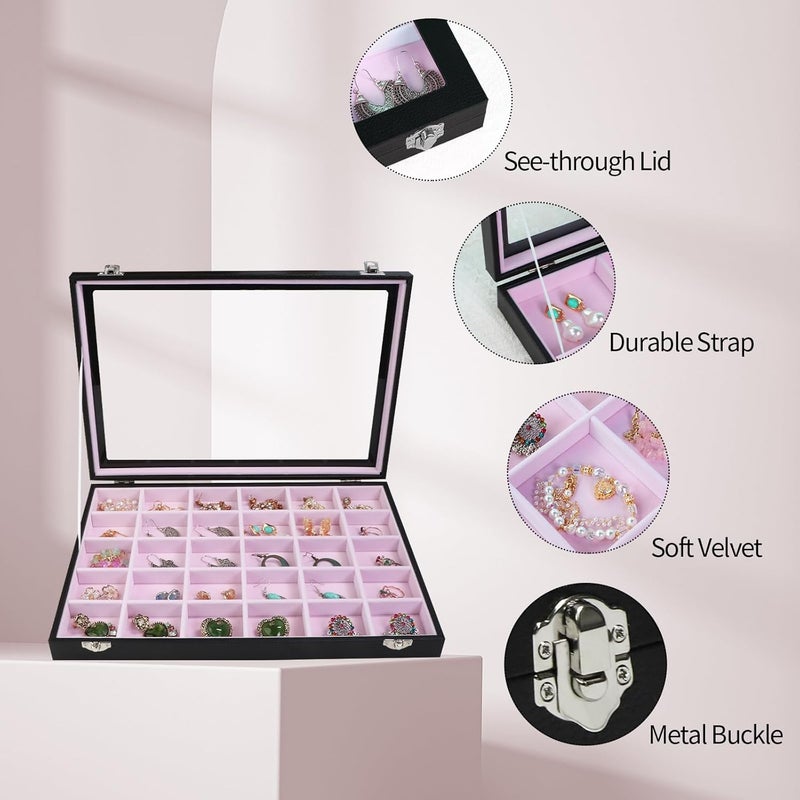 Stratalife Jewelry Organizer Earring Holder Jewelry Tray with Lid Earring Storage Drawer Organizer Earring Ring Storage for Women 30 Grid (Pink Black) - Image 4