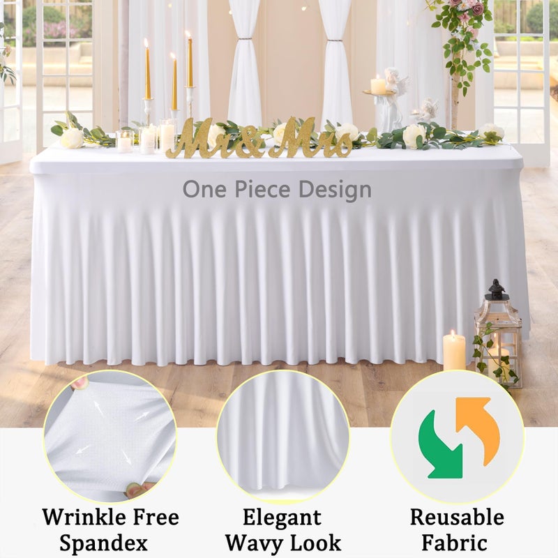 Htper 2 Pack White Spandex Table Clothes for 6 Foot Rectangle Tables, Wrinkle Free Fitted Table Cover 6ft Stretch Tablecloths Desk Skirt for Parties Weddings Birthday Banquet Baby Shower - Image 3