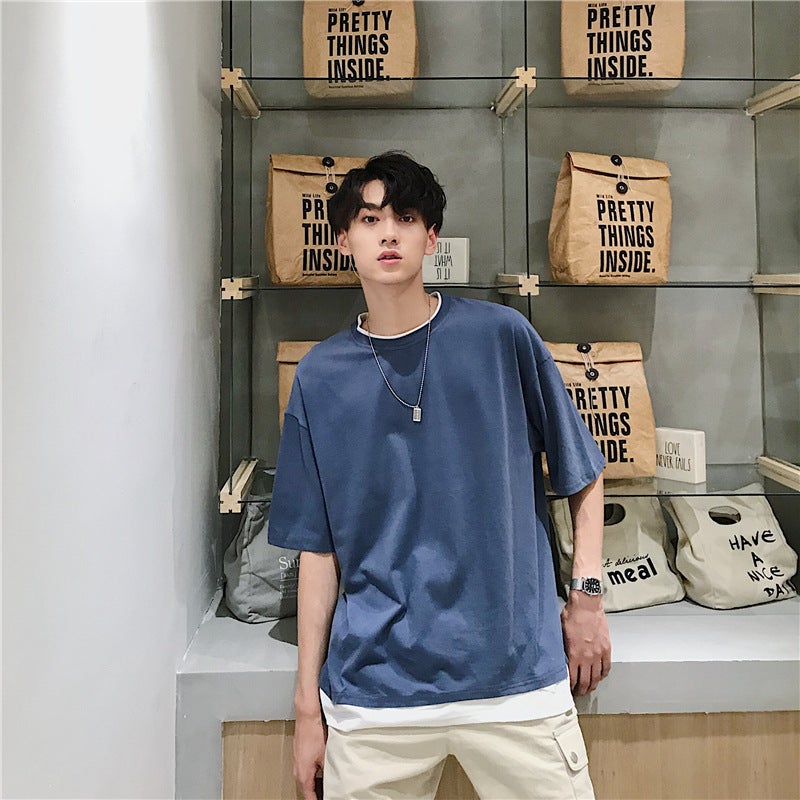 Pure Cotton Summer Fashionable Brand Fake Two-Piece Short-Sleeved T-Shirt For Boys Korean Loose Fashionable Instagram Style T-Shirt Handsome Internet Popular Half-Sleeved T-Shirt - Image 3