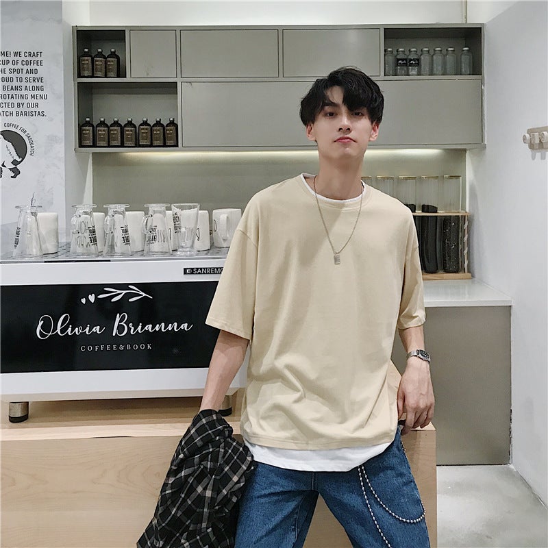 Pure Cotton Summer Fashionable Brand Fake Two-Piece Short-Sleeved T-Shirt For Boys Korean Loose Fashionable Instagram Style T-Shirt Handsome Internet Popular Half-Sleeved T-Shirt - Image 4
