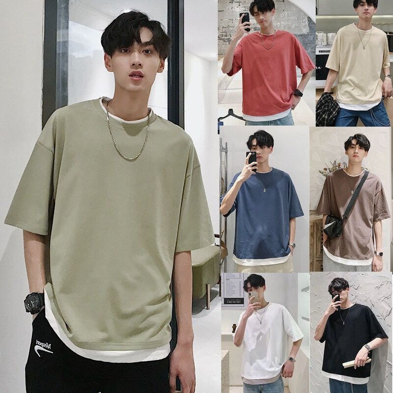 Pure Cotton Summer Fashionable Brand Fake Two-Piece Short-Sleeved T-Shirt For Boys Korean Loose Fashionable Instagram Style T-Shirt Handsome Internet Popular Half-Sleeved T-Shirt - Image 2