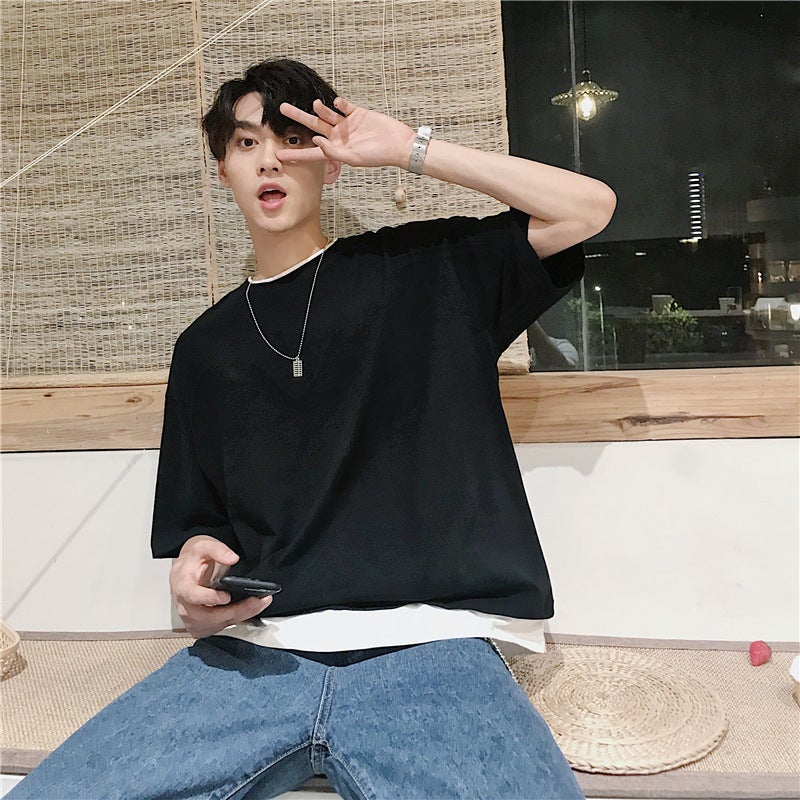Pure Cotton Summer Fashionable Brand Fake Two-Piece Short-Sleeved T-Shirt For Boys Korean Loose Fashionable Instagram Style T-Shirt Handsome Internet Popular Half-Sleeved T-Shirt - Image 5
