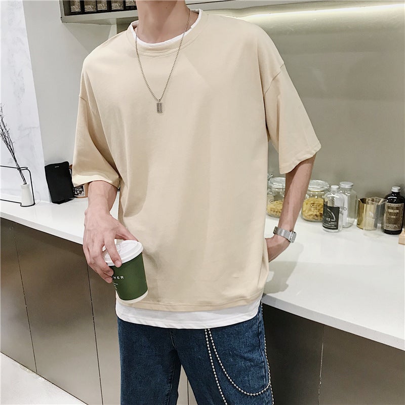 Pure Cotton Summer Fashionable Brand Fake Two-Piece Short-Sleeved T-Shirt For Boys Korean Loose Fashionable Instagram Style T-Shirt Handsome Internet Popular Half-Sleeved T-Shirt - Image 1