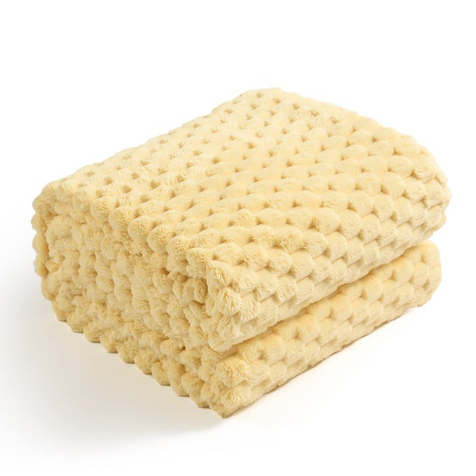 FLANNEL FLEECE THROW BLANKET 50X70 INCHES HEXAGON JACQUARD DECORATIVE FUZZY BLANKETS FOR HOUSEHOLD CAMPING AND TRAVEL SUPER SOFT COZY SUITABLE FOR ALL SEASONS LIGHT YELLOW