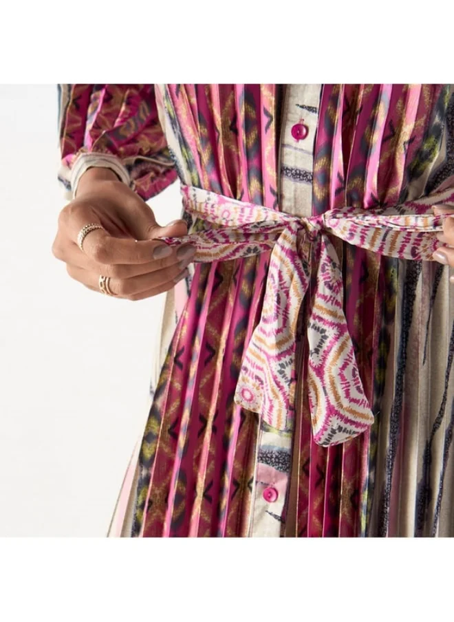 2Xtremz 2Xtremz All-Over Print Maxi A-line Dress with Mandarin Collar and Tie-Ups