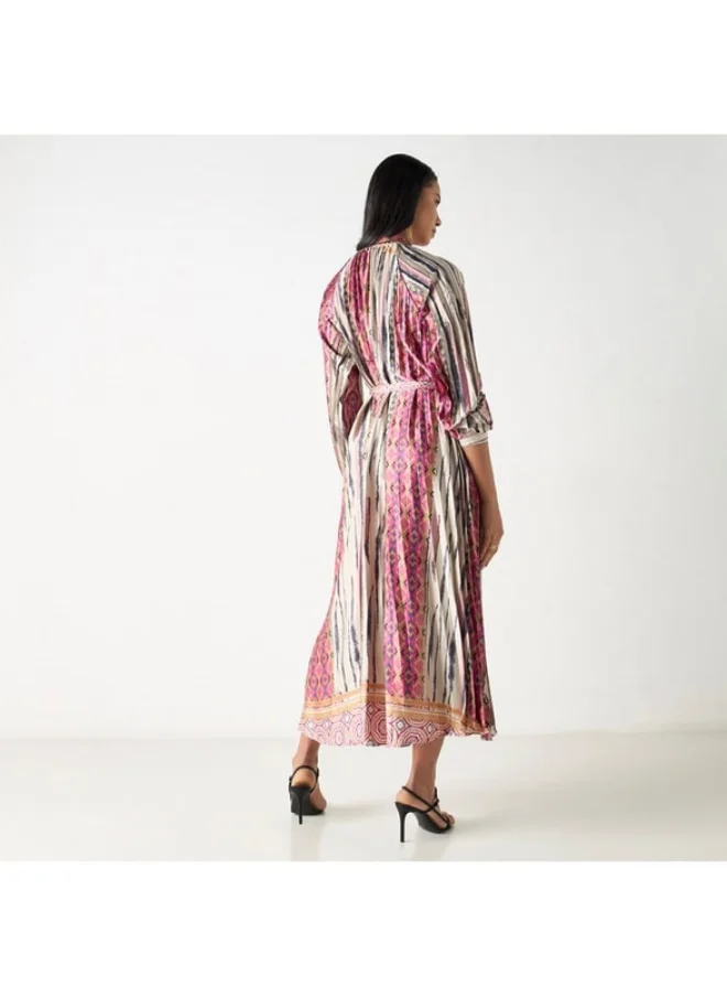 2Xtremz 2Xtremz All-Over Print Maxi A-line Dress with Mandarin Collar and Tie-Ups
