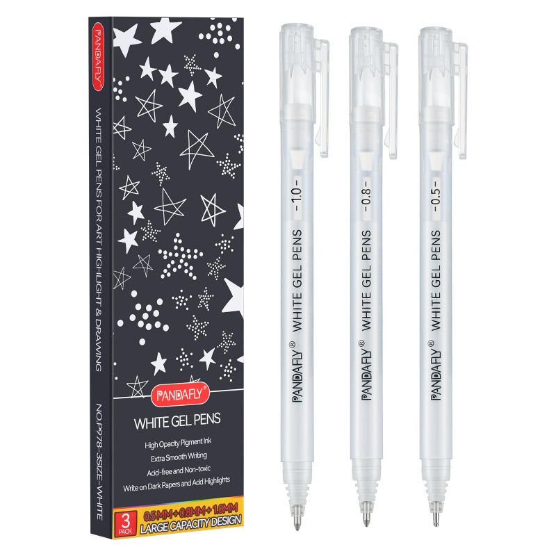 PANDAFLY White Gel Pens, Fine, Medium & Bold Tip Ink Pens for Journaling, Art, or Drawing - For Art Gifts, Holiday Gifts & DIY Projects, White Ink, 05/08/10mm Assorted Tip Sizes - 3 Pack - Image 1
