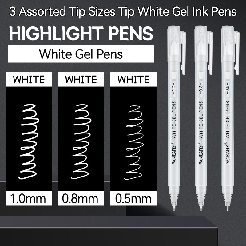 PANDAFLY White Gel Pens, Fine, Medium & Bold Tip Ink Pens for Journaling, Art, or Drawing - For Art Gifts, Holiday Gifts & DIY Projects, White Ink, 05/08/10mm Assorted Tip Sizes - 3 Pack - Image 2