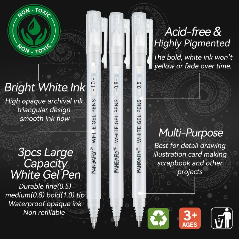 PANDAFLY White Gel Pens, Fine, Medium & Bold Tip Ink Pens for Journaling, Art, or Drawing - For Art Gifts, Holiday Gifts & DIY Projects, White Ink, 05/08/10mm Assorted Tip Sizes - 3 Pack - Image 3