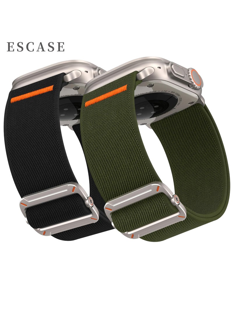 ESCASE 2-Piece Lightweight Contoured Ultra-Stretch Nylon Strap with Natural Titanium Metal Replacement Set Compatible with Apple Watch Strap Sizes: 42mm/44mm/45mm/46mm/49mm Fits Apple Watch Ultra/Ultra 2/Ultra 3, Series 11/10/9/8/SE/7/6/5/4/3/2/1 and other models, Black/Green - Image 1