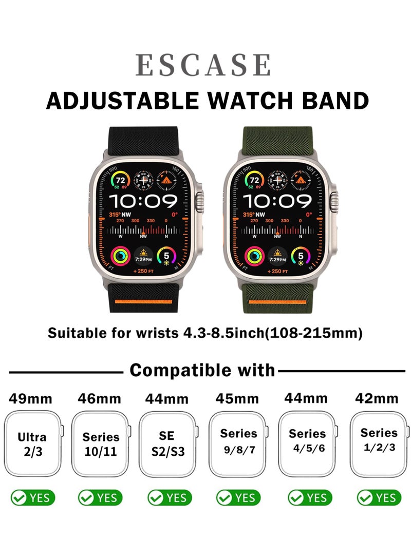 ESCASE 2-Piece Lightweight Contoured Ultra-Stretch Nylon Strap with Natural Titanium Metal Replacement Set Compatible with Apple Watch Strap Sizes: 42mm/44mm/45mm/46mm/49mm Fits Apple Watch Ultra/Ultra 2/Ultra 3, Series 11/10/9/8/SE/7/6/5/4/3/2/1 and other models, Black/Green - Image 3