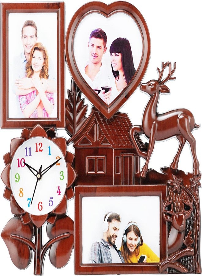 Harbour Analog Latest Stylish New Models Wall Clock with Photo Frames for Home Living Room Hall Bedroom (Size Height 35.5 CM X Width 35.5 CM)- Home Decor Big Size Wall Clock - 022LBN (Dark Brown) - Image 1