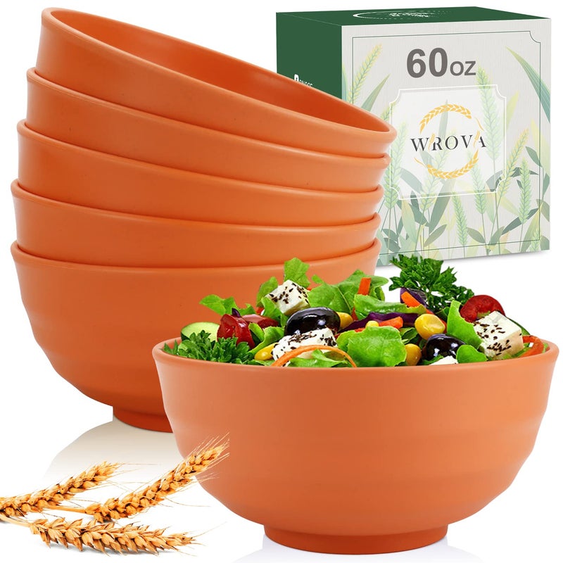 Wrova Wheat Straw Bowls Set 60 OZ Unbreakable Large Cereal Bowls Set of 6 Microwave and Dishwasher Safe Bowls Big Bowls for Eating BPA Free Soup Bowl for Serving Oatmeal and Salad Orange - Image 1