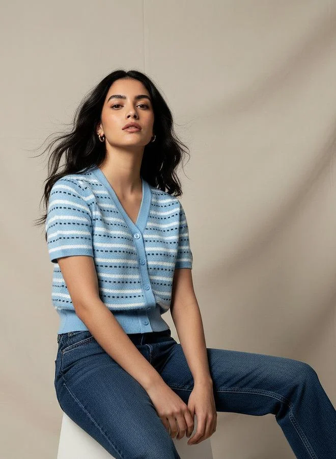 Lee Cooper BLUE Lee Cooper Regular Fit Cardigan with Stripes for Women | Best Price UAE