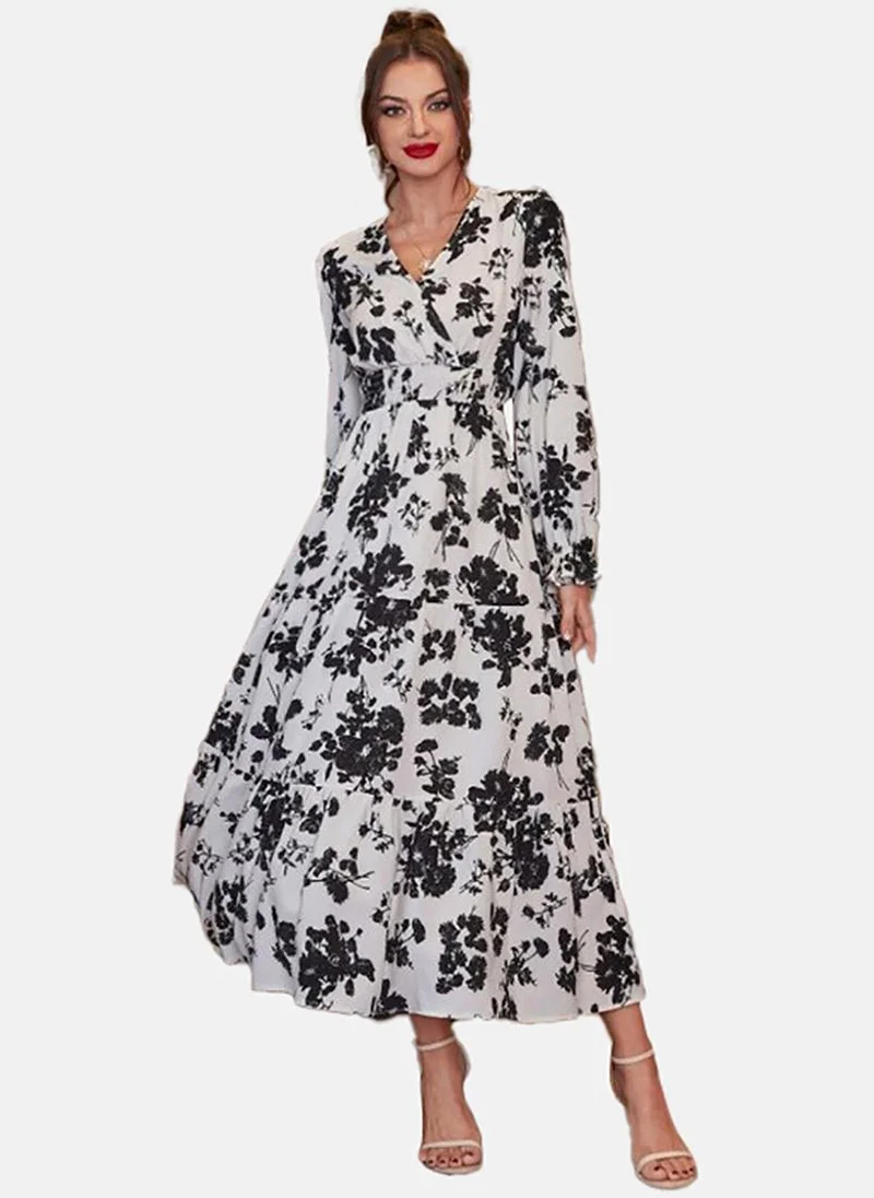 يونيكي White Floral Printed Chiffon A-Line Midi Dress