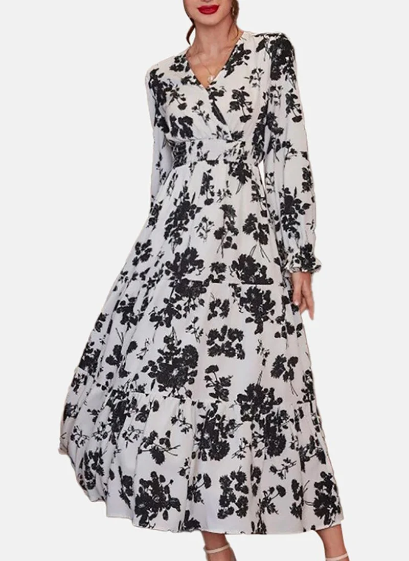 يونيكي White Floral Printed Chiffon A-Line Midi Dress