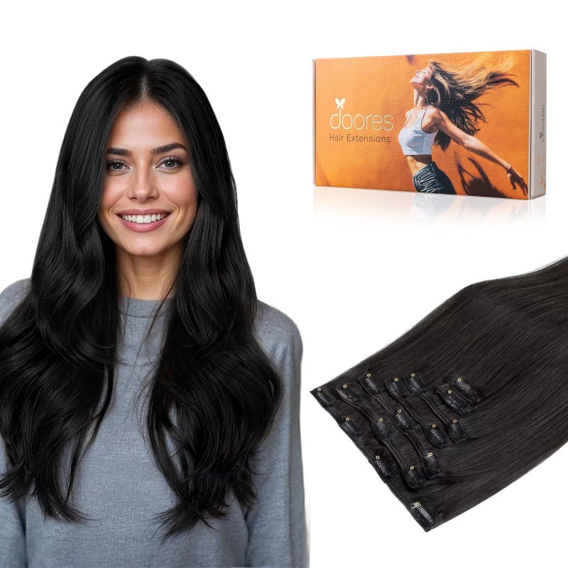 DOORES Hair Extensions Clip in Human Hair Natural Black 12 Inch 80g 7pcs Clip in Hair Extensions Remy Weft Natural Straight Weft for Women