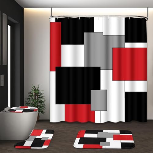 Tayney Red Geometric Shower Curtain Set with Toilet Lid Cover and NonSlip Rugs for Bathroom Black White Grey Checkered 4 Pcs Shower Curtain Modern Abstract Bathroom Set with 12 Hooks