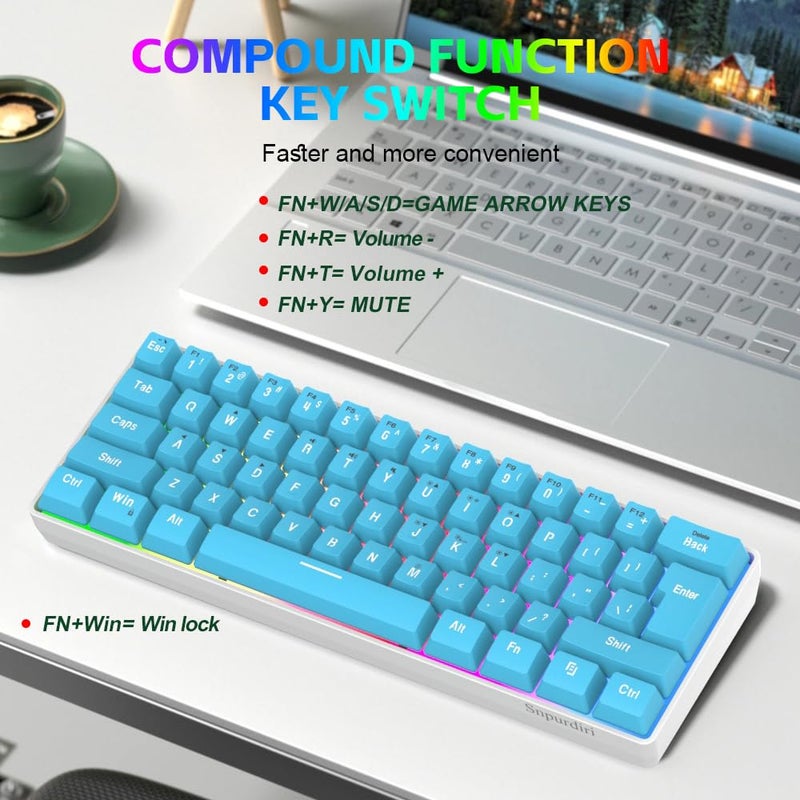 Snpurdiri 60% Wired Gaming Keyboard, Small Ultra-Compact 61 Keys RGB Backlit 60 Percent Gaming Keyboard for PC/Mac Gamer, Typist, Travel, Easy to Carry on Business Trip (Blue) - Image 4