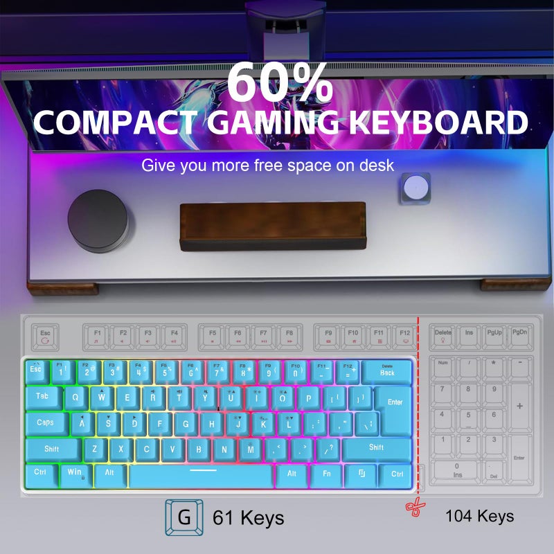 Snpurdiri 60% Wired Gaming Keyboard, Small Ultra-Compact 61 Keys RGB Backlit 60 Percent Gaming Keyboard for PC/Mac Gamer, Typist, Travel, Easy to Carry on Business Trip (Blue) - Image 2