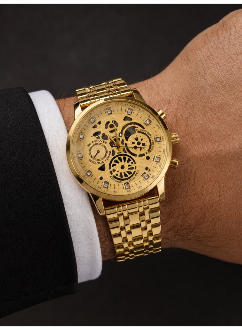 IK Men’s Gold-Tone Quartz Watch with Openwork Dial and Metal Bracelet - Image 4