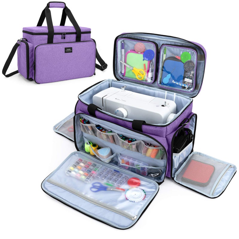 CURMIO CURMIO Sewing Machine Carrying Case for Most Standard Sewing Machine Universal Travel Tote Bag with 2 Removable Transparent Zipper Pouches for Sewing Supplies Purple Patented Design 