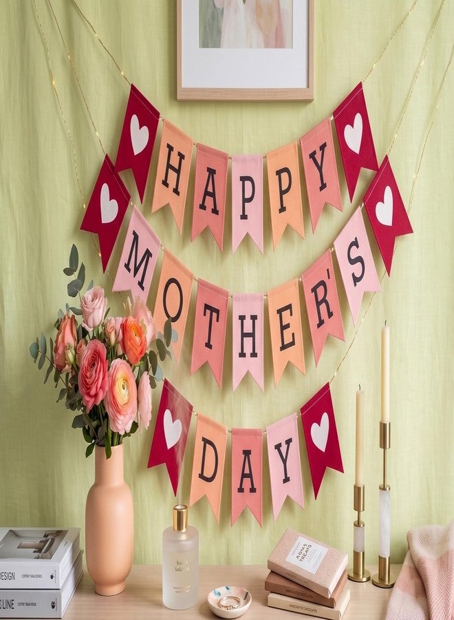 PICKKART Happy Mother's Day Bunting Banner, Pink and Red, Heart Accents, Party Decoration - Image 3