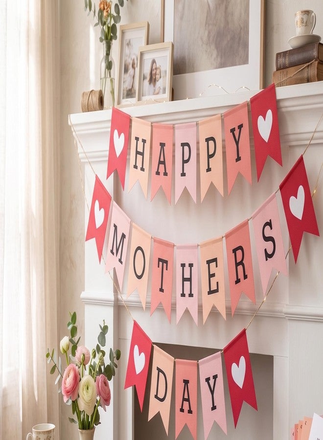 PICKKART Happy Mother's Day Bunting Banner, Pink and Red, Heart Accents, Party Decoration - Image 2