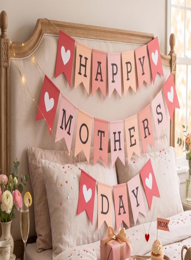 PICKKART Happy Mother's Day Bunting Banner, Pink and Red, Heart Accents, Party Decoration - Image 1