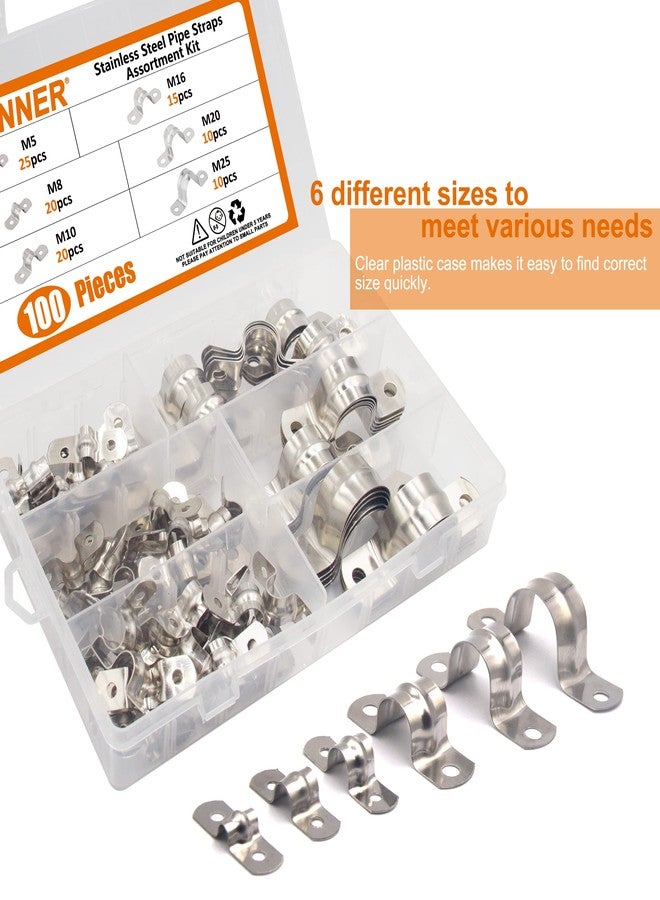 ISPINNER 100pcs Stainless Steel Rigid Pipe Strap Assortment Kit, 2 Holes Cable U Bracket Clamp Hanger Tube Strap Tension Clips M5 M8 M10 M16 M20 M25 - Image 4