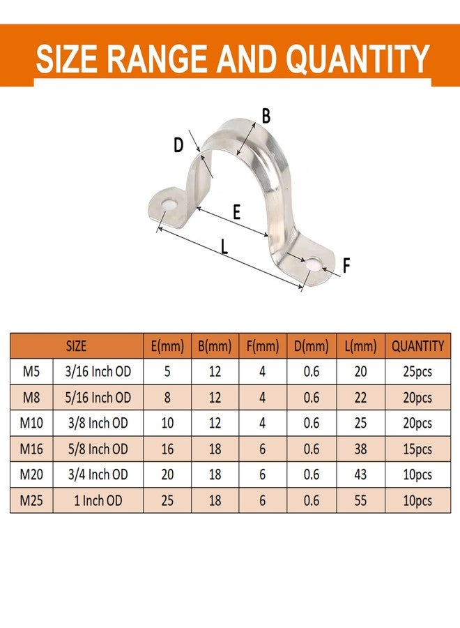 ISPINNER 100pcs Stainless Steel Rigid Pipe Strap Assortment Kit, 2 Holes Cable U Bracket Clamp Hanger Tube Strap Tension Clips M5 M8 M10 M16 M20 M25 - Image 2
