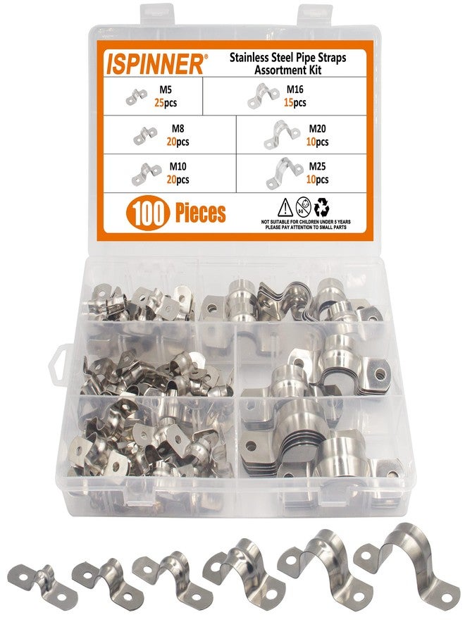 ISPINNER 100pcs Stainless Steel Rigid Pipe Strap Assortment Kit, 2 Holes Cable U Bracket Clamp Hanger Tube Strap Tension Clips M5 M8 M10 M16 M20 M25 - Image 1