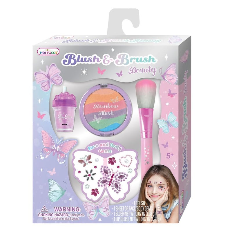 Hot Focus Tie Dye Butterfly Blush Brush Beauty Kit, Multicolor, Cosmetic Brush with Body Gems and Lip Gloss, 4 Pieces, Ages 3+