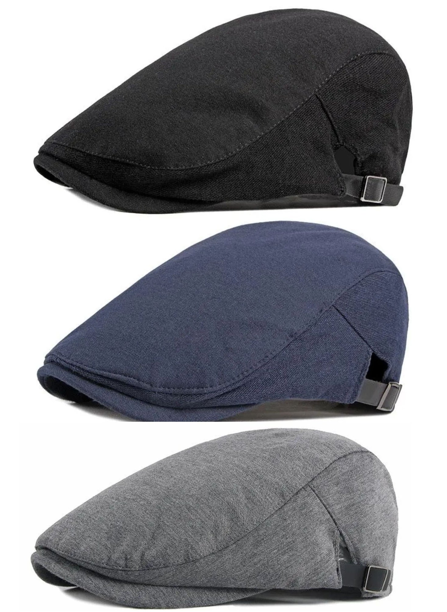 SARAOONT 3 Piece Men's Flat Cap Newsboy Irish Hat - Driving Cabbie Hunting Cap, Adjustable, Breathable (Black Grey navy) 