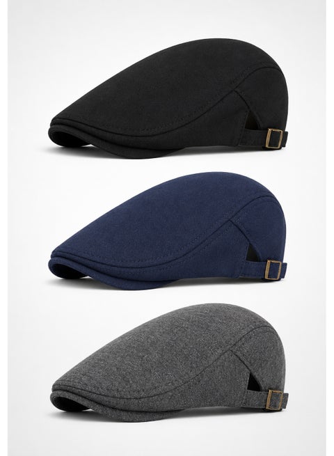 3 Piece Men's Flat Cap Newsboy Irish Hat - Driving Cabbie Hunting Cap, Adjustable, Breathable (Black Grey navy)