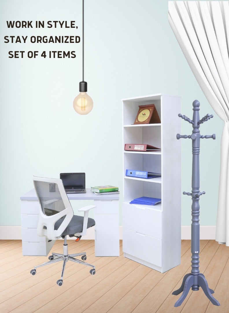 Sleek 4-Piece Office Furniture Set. Ergonomic Mesh Chair, Spacious Desk with Storage, Tall Bookshelf, and Coat Stand – Ideal for Productivity and Organized Workspaces. This modern 18mm MDF desk offers a spacious work surface perfect for multitasking, making it ideal for computer setups, writing tasks, or creative projects. White/Gray Tabletop (Arfan)