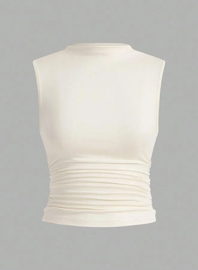 Take Two Beige Sleeveless Peplum Top with High Neck