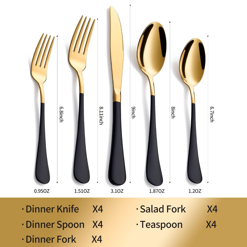 Moxinox 20-Piece Black & Gold Silverware Set, 18/0 Stainless Steel Colorful Handle Flatware Set, Service for 4, Modern Cutlery Set Includes Dinner Knives Forks Spoons, Mirror Polished, Dishwasher Safe - Image 2