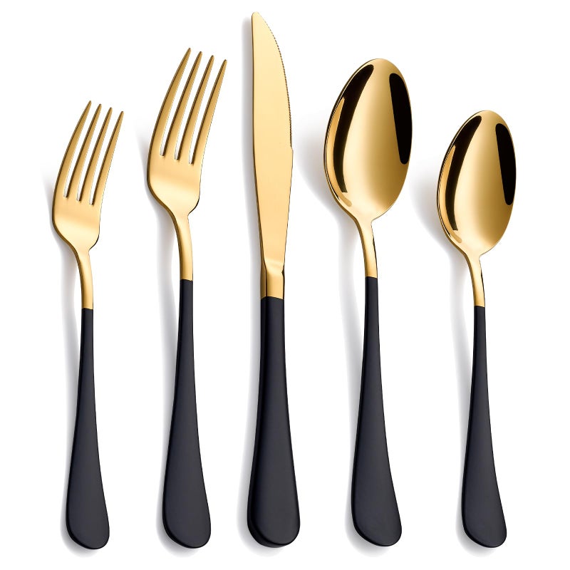 Moxinox 20-Piece Black & Gold Silverware Set, 18/0 Stainless Steel Colorful Handle Flatware Set, Service for 4, Modern Cutlery Set Includes Dinner Knives Forks Spoons, Mirror Polished, Dishwasher Safe - Image 1